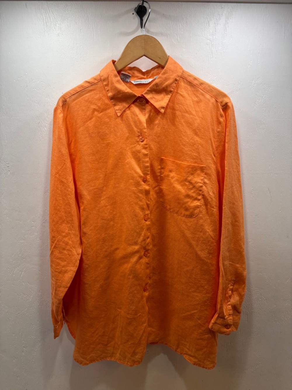ISHYU Woman's Natural Linen Classic Long-Sleeve Orange Button-Up Shirt 2X PLUS